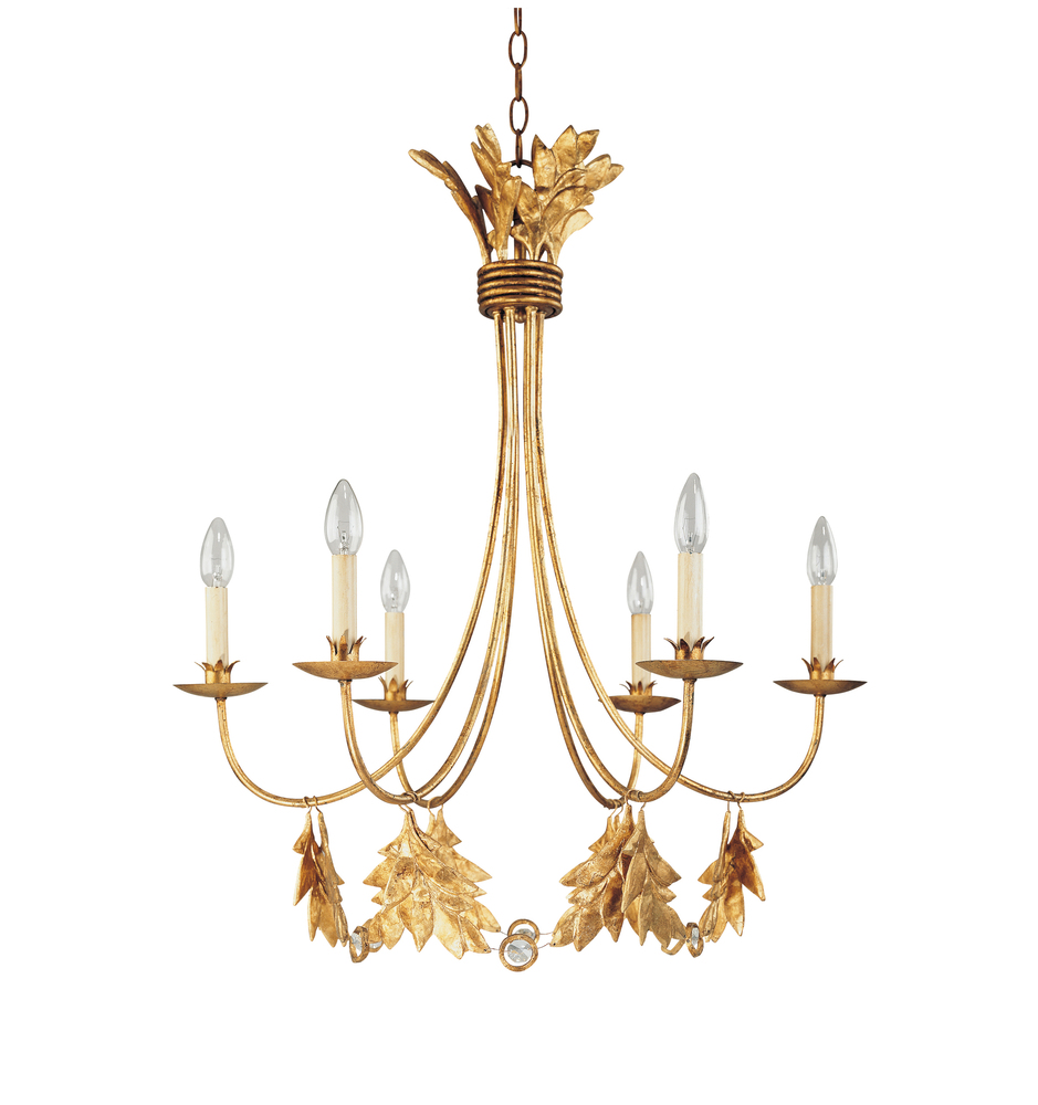 Sweet Olive French Rustic Metal and Crystal 6 Light Chandelier in Antiqued Gold