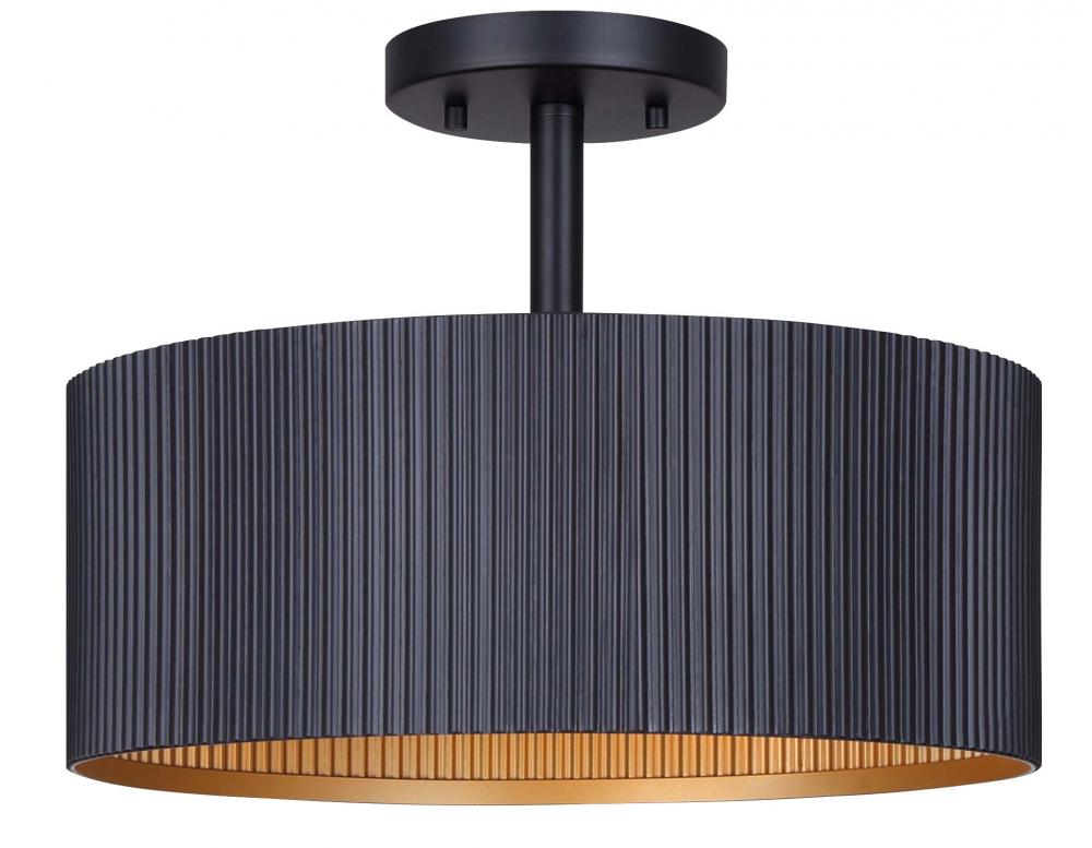 Rexton 13 in. 2-Lt 60-Watt Modern Matte Black Semi-Flush Mount with Matte Black and Gold Metal Shade